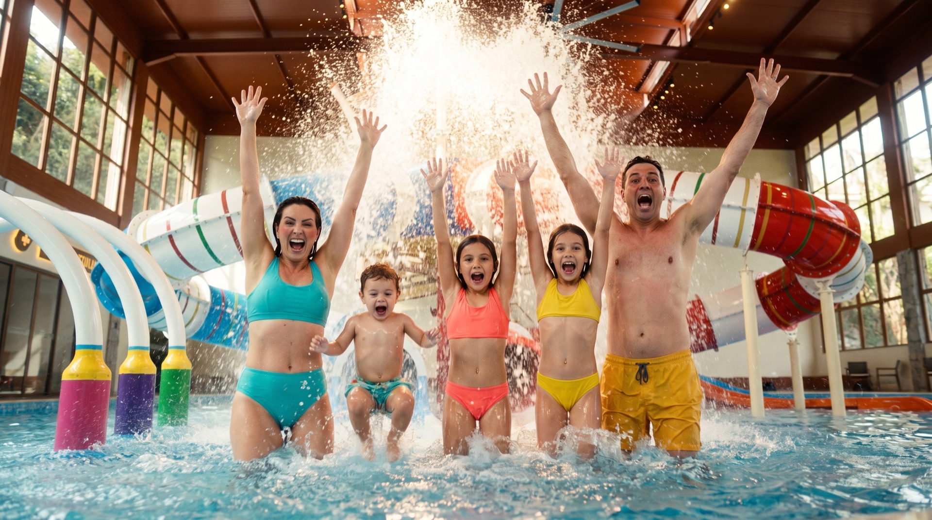 Família com braços erguidos comemorando embaixo de um baldão de água no Parque Aquático Alpenmare